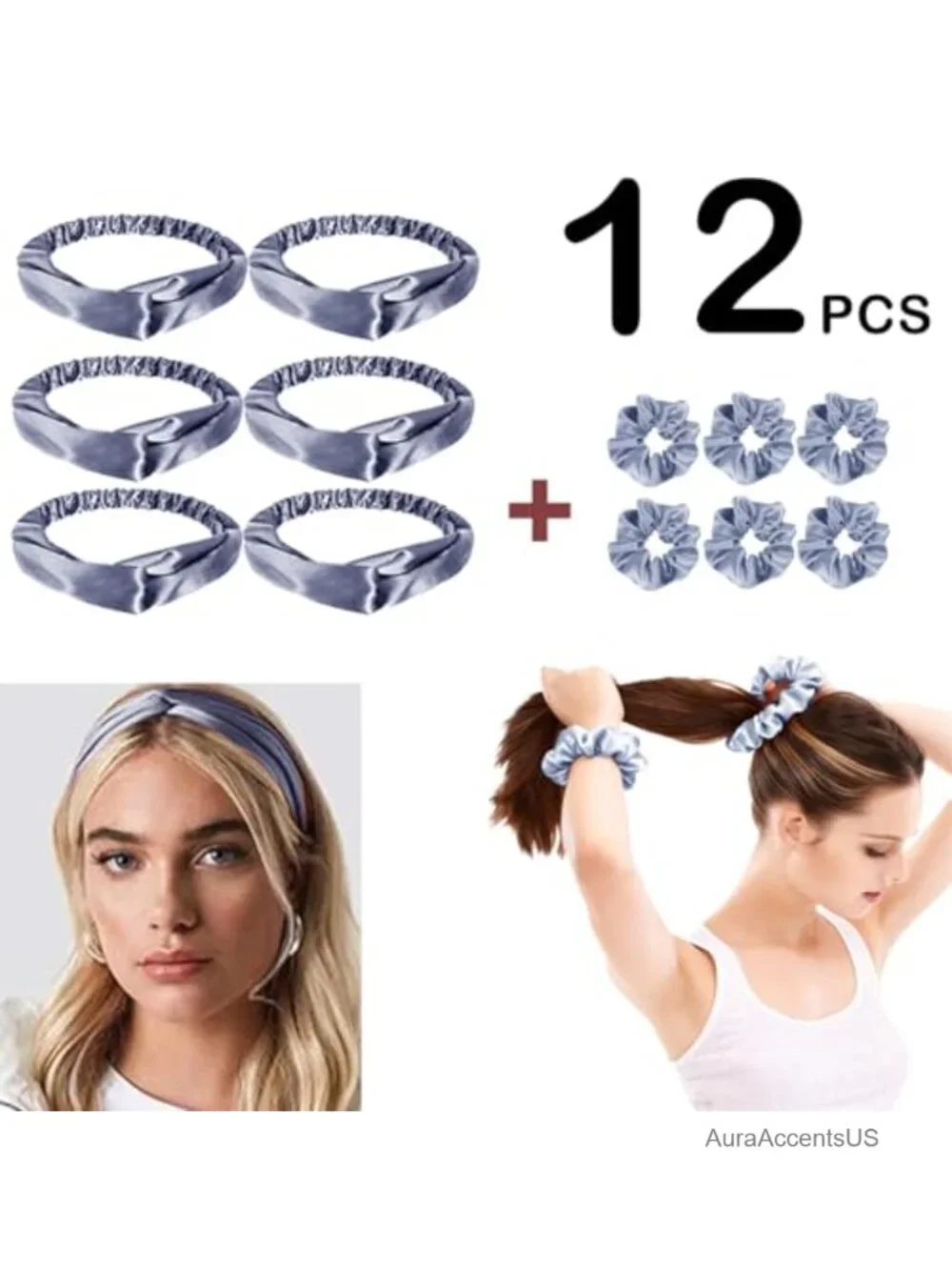 12Pcs Satin Headbands and Scrunchies Set, Silky Hair Accessories for Women,